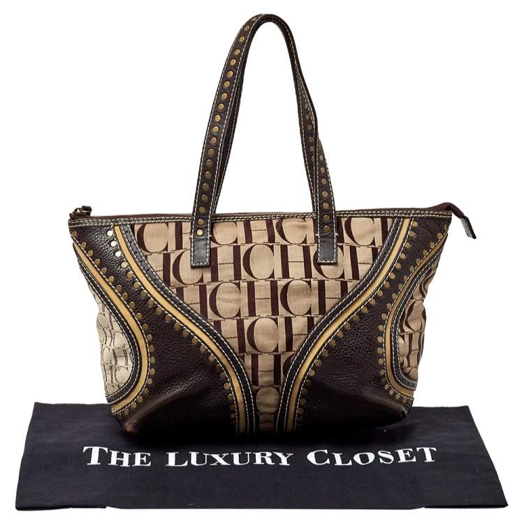 Pre Owned Carolina Herrera Beige/Brown Signature Studded Canvas and Leather Satchel