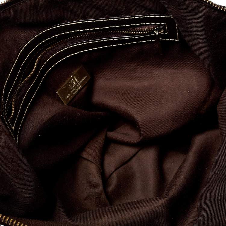 Pre Owned Carolina Herrera Beige/Brown Signature Studded Canvas and Leather Satchel