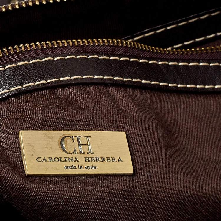 Pre Owned Carolina Herrera Beige/Brown Signature Studded Canvas and Leather Satchel