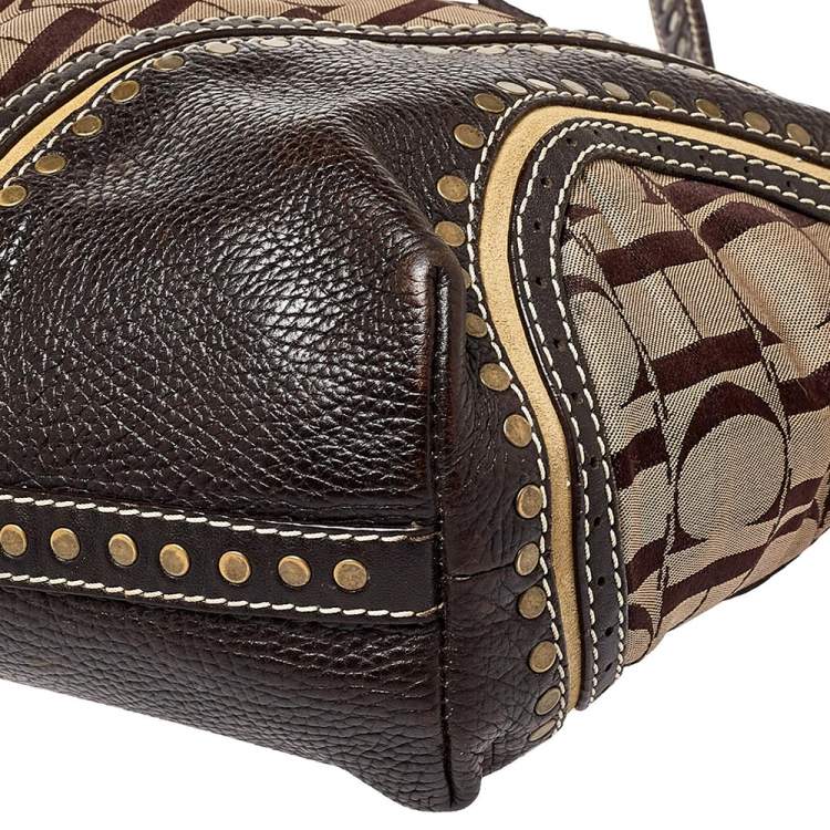 Pre Owned Carolina Herrera Beige/Brown Signature Studded Canvas and Leather Satchel