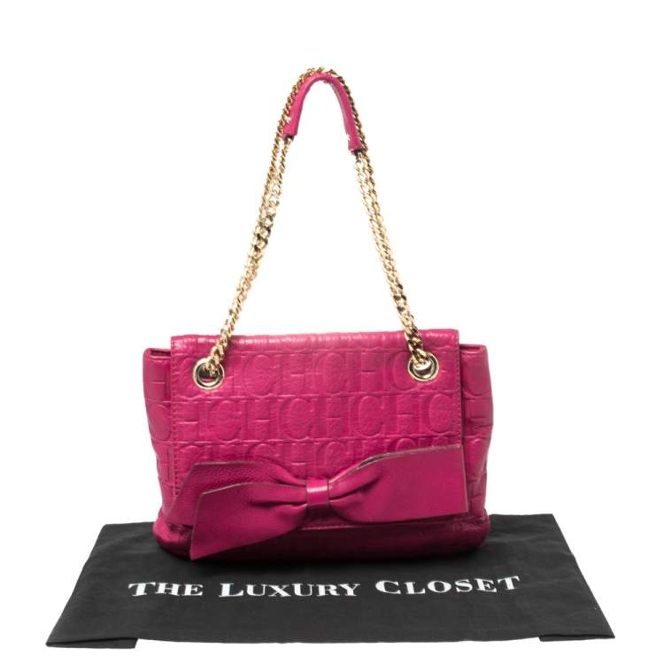 Pre Owned Carolina Herrera Fuchsia Monogram Leather Audrey Shoulder Bag