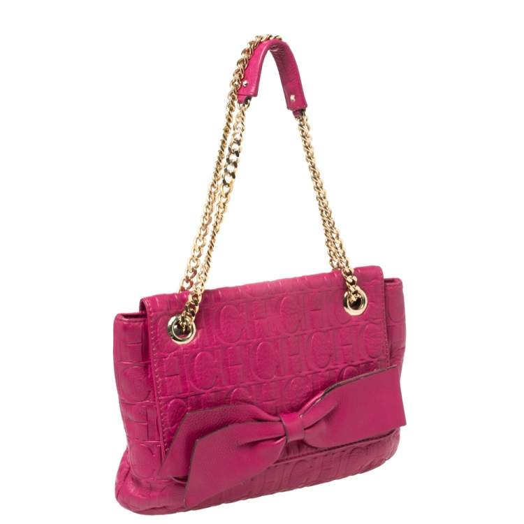 Pre Owned Carolina Herrera Fuchsia Monogram Leather Audrey Shoulder Bag