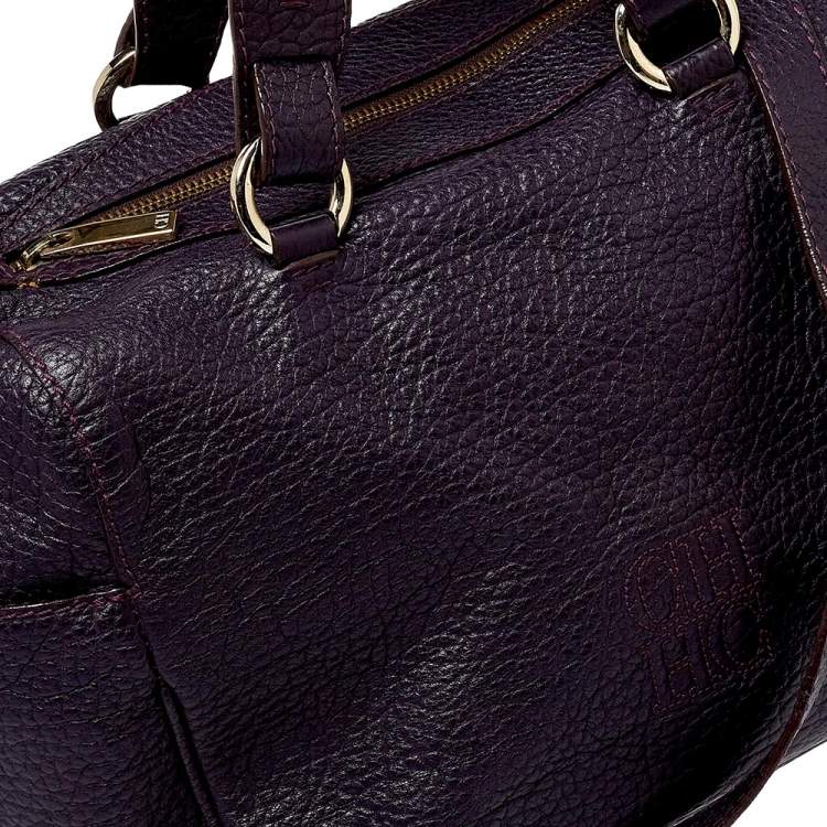 Pre Owned Carolina Herrera Dark Purple Grained Leather Boston Bag