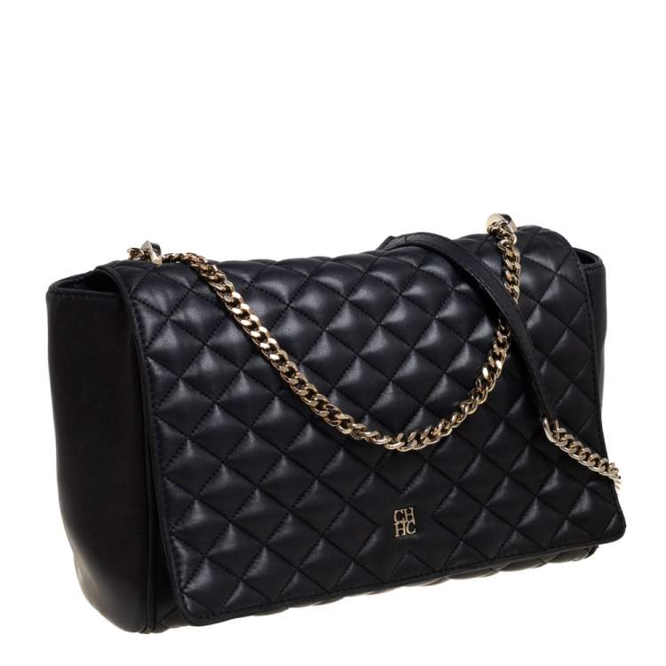 Pre Owned Carolina Herrera Black Quilted Leather Flap Chain Shoulder Bag