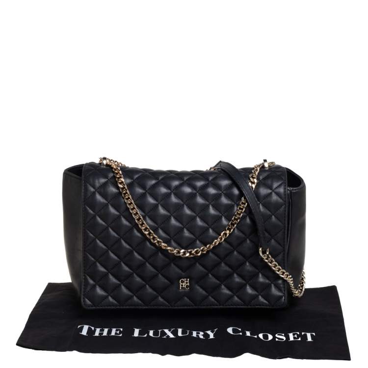 Pre Owned Carolina Herrera Black Quilted Leather Flap Chain Shoulder Bag