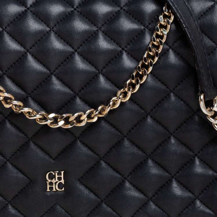 Pre Owned Carolina Herrera Black Quilted Leather Flap Chain Shoulder Bag