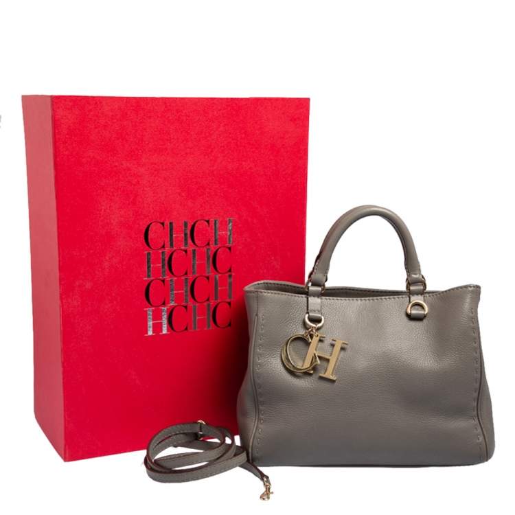 Pre Owned Carolina Herrera Grey Leather Charm Tote