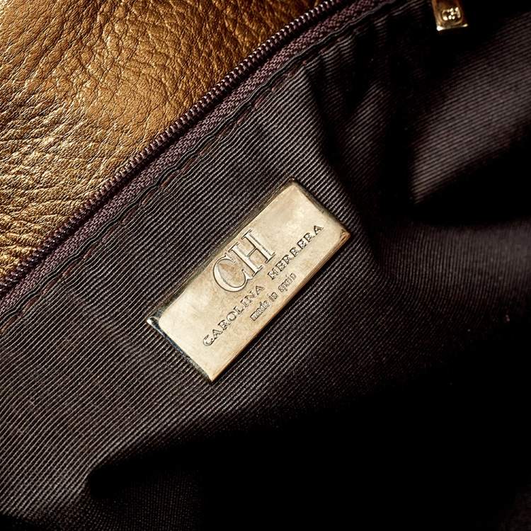 Pre Owned Carolina Herrera Gold Monogram Leather Audrey Shoulder Bag