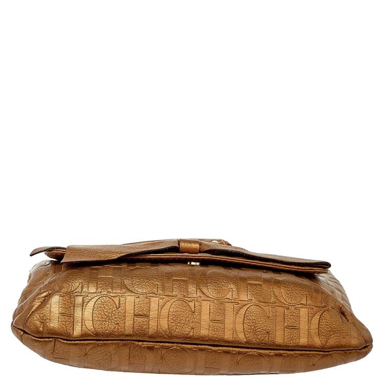 Pre Owned Carolina Herrera Gold Monogram Leather Audrey Shoulder Bag