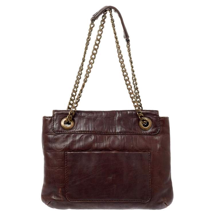 Pre Owned Carolina Herrera Dark Brown Monogram Embossed Leather Bow Flap Shoulder Bag