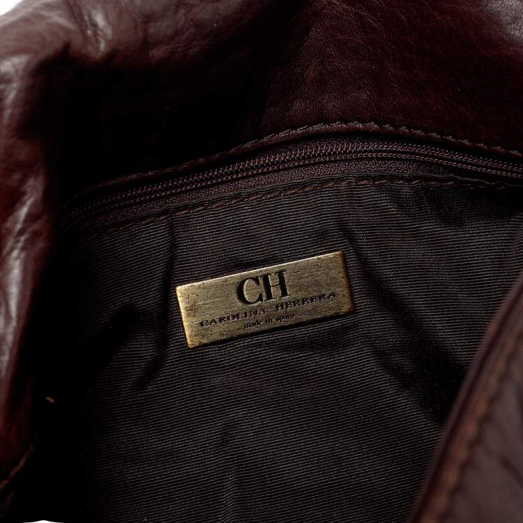 Pre Owned Carolina Herrera Dark Brown Monogram Embossed Leather Bow Flap Shoulder Bag