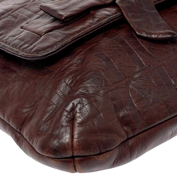 Pre Owned Carolina Herrera Dark Brown Monogram Embossed Leather Bow Flap Shoulder Bag