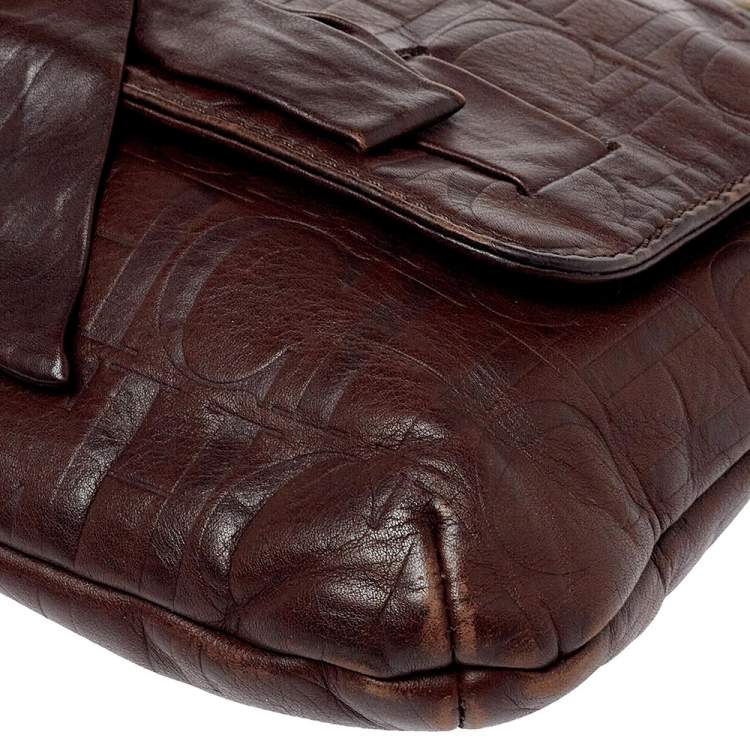 Pre Owned Carolina Herrera Dark Brown Monogram Embossed Leather Bow Flap Shoulder Bag