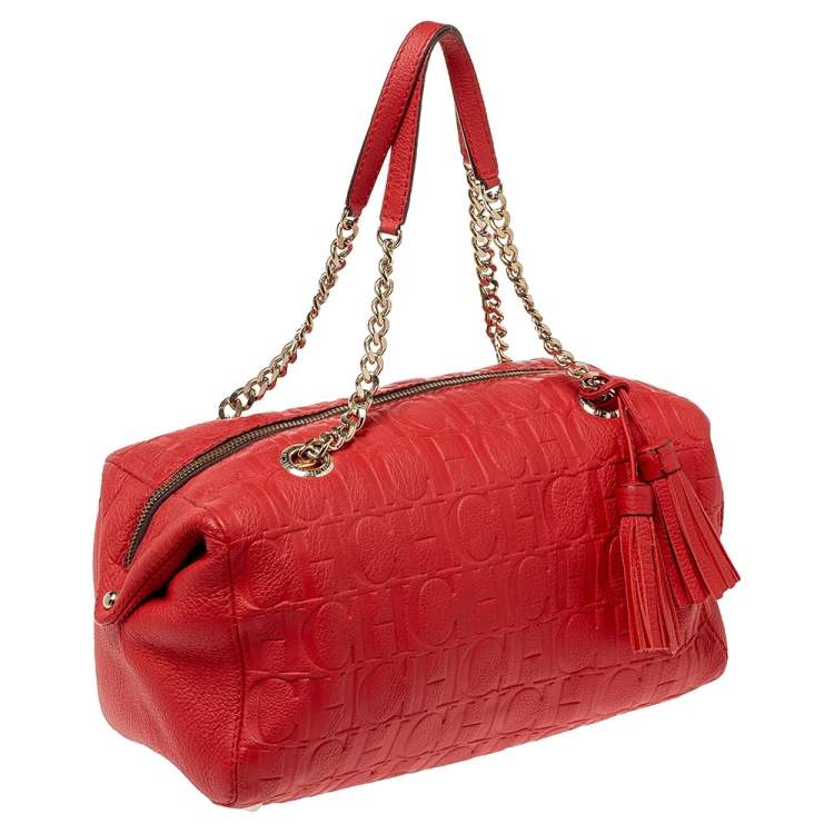 Pre Owned Carolina Herrera Red Embossed Leather Tassel Satchel