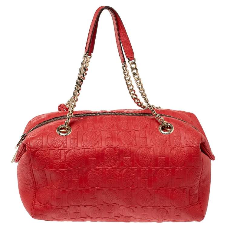 Pre Owned Carolina Herrera Red Embossed Leather Tassel Satchel