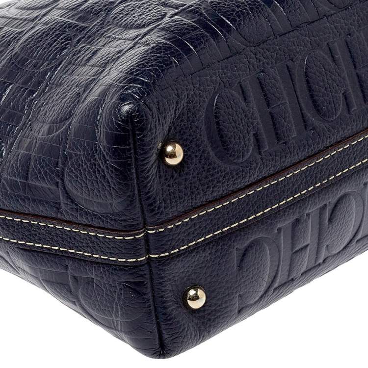 Pre Owned Carolina Herrera Navy Blue Monogram Embossed Leather Shopper Tote