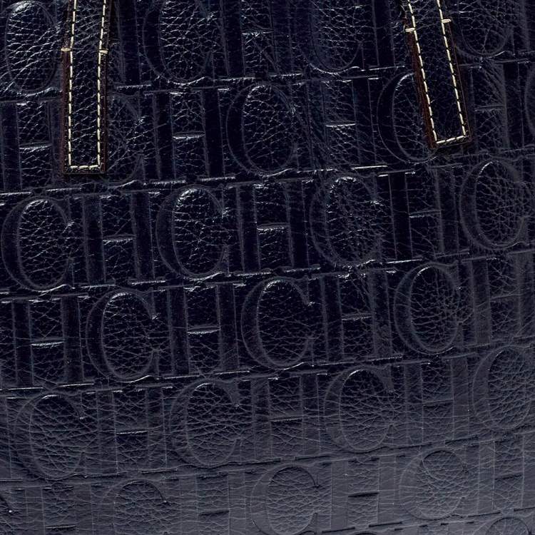 Pre Owned Carolina Herrera Navy Blue Monogram Embossed Leather Shopper Tote