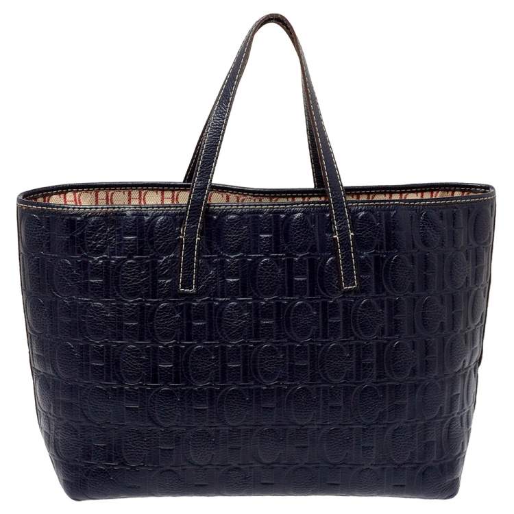 Pre Owned Carolina Herrera Navy Blue Monogram Embossed Leather Shopper Tote