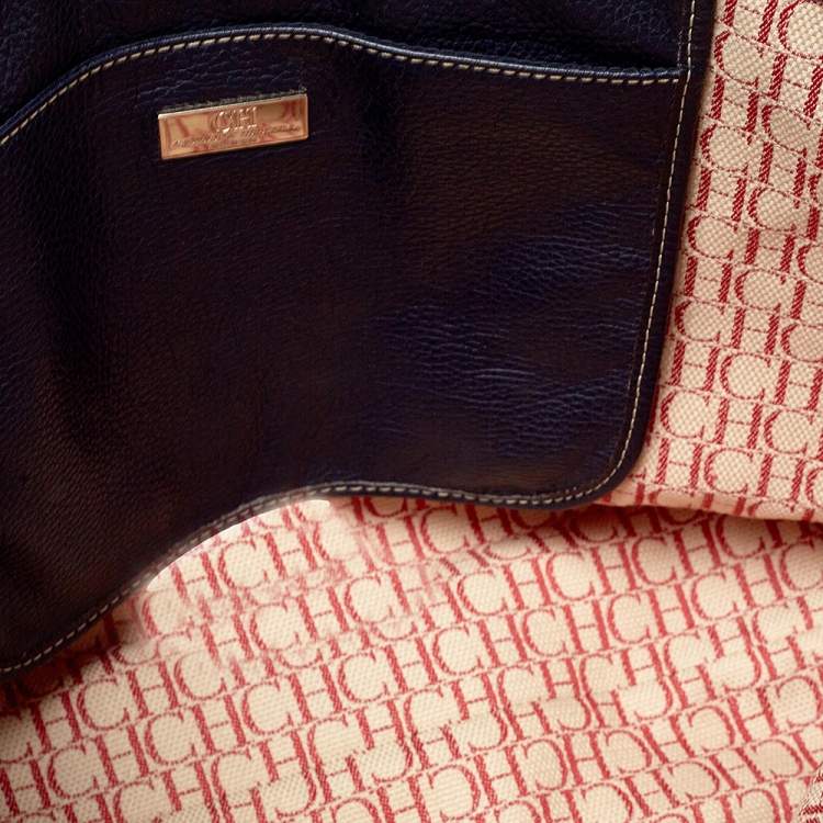 Pre Owned Carolina Herrera Navy Blue Monogram Embossed Leather Shopper Tote