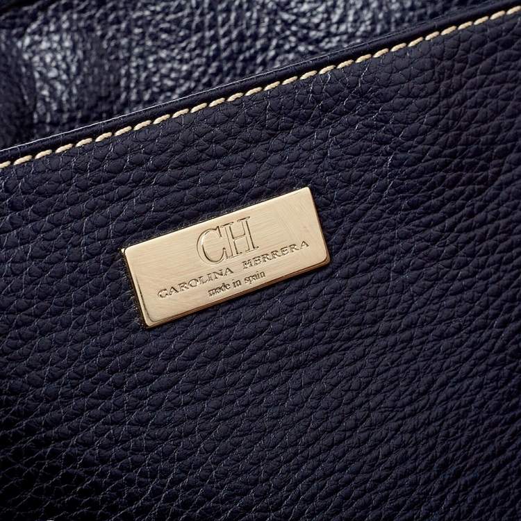 Pre Owned Carolina Herrera Navy Blue Monogram Embossed Leather Shopper Tote