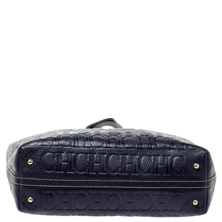 Pre Owned Carolina Herrera Navy Blue Monogram Embossed Leather Shopper Tote