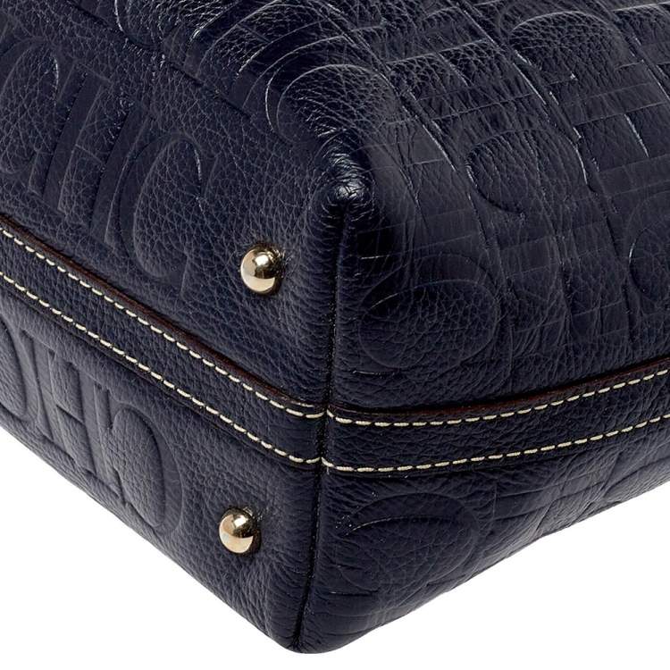 Pre Owned Carolina Herrera Navy Blue Monogram Embossed Leather Shopper Tote
