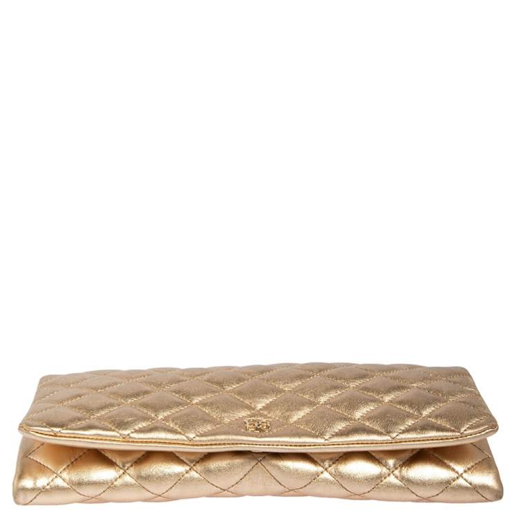 Pre Owned Carolina Herrera Metallic Gold Quilted Leather Flap Chain Clutch