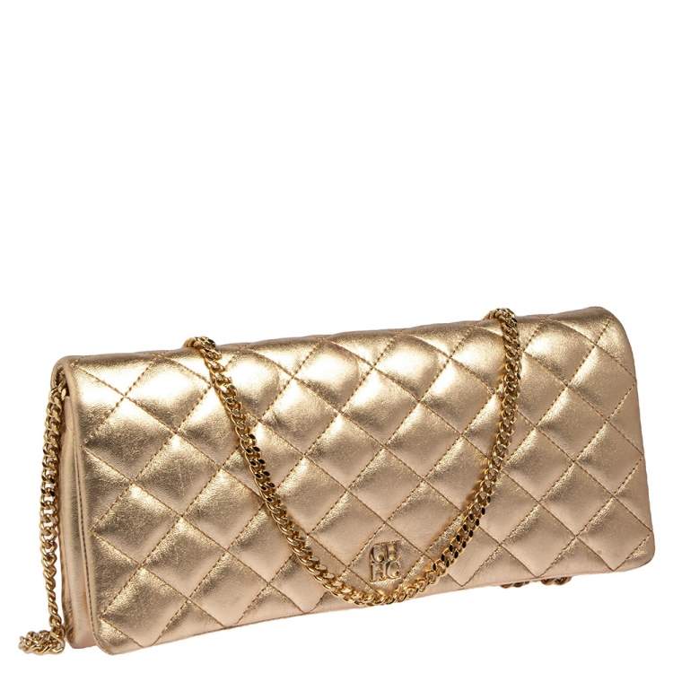Pre Owned Carolina Herrera Metallic Gold Quilted Leather Flap Chain Clutch