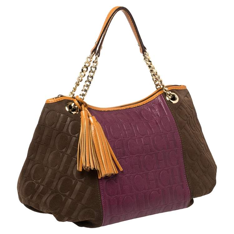 Pre Owned Carolina Herrera Multicolor Monogram Leather and Suede Tassel Hobo