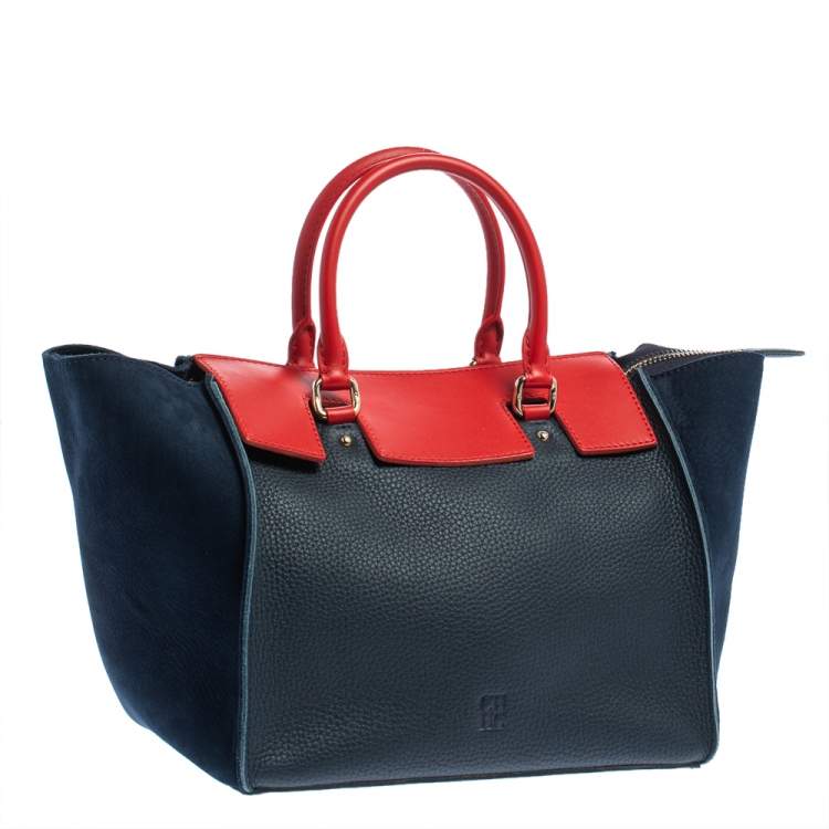 Pre Owned Carolina Herrera Navy Blue/Red Nubuck and Leather Vendome Tote