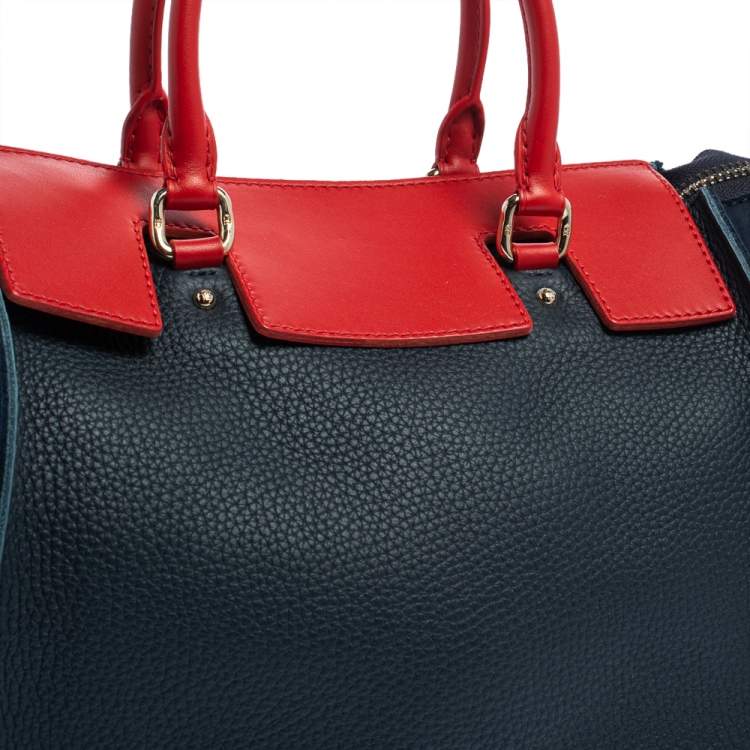 Pre Owned Carolina Herrera Navy Blue/Red Nubuck and Leather Vendome Tote