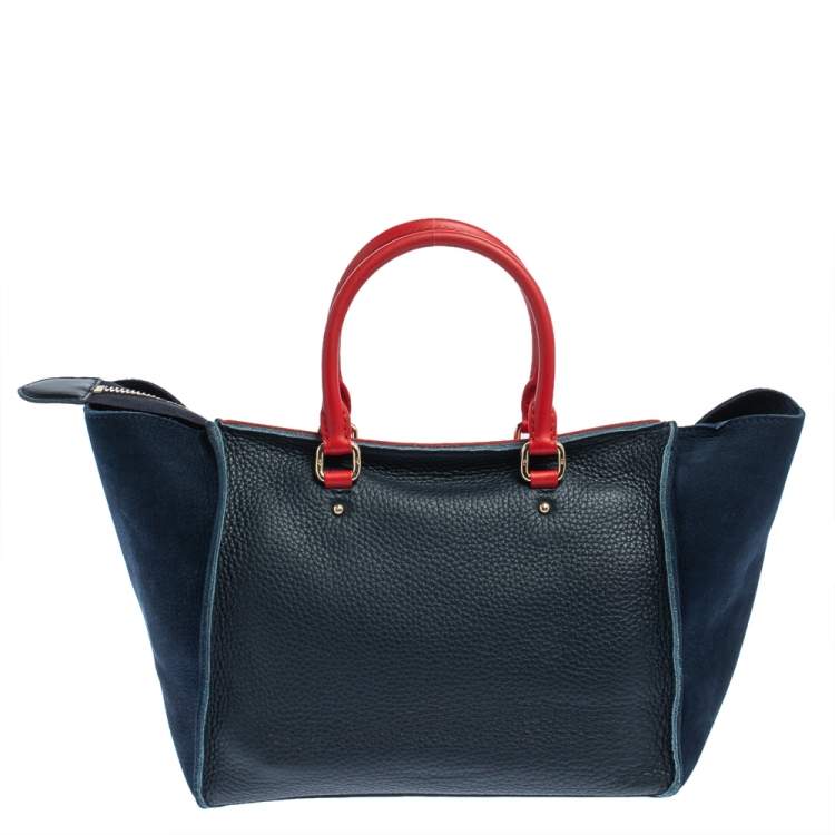 Pre Owned Carolina Herrera Navy Blue/Red Nubuck and Leather Vendome Tote