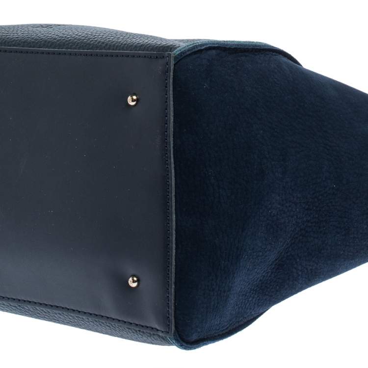 Pre Owned Carolina Herrera Navy Blue/Red Nubuck and Leather Vendome Tote