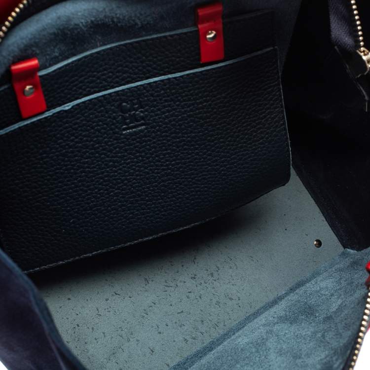 Pre Owned Carolina Herrera Navy Blue/Red Nubuck and Leather Vendome Tote
