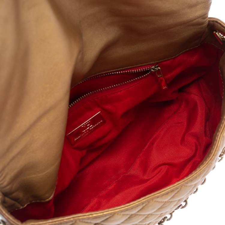 Pre Owned Carolina Herrera Gold Quilted Leather Flap Chain Shoulder Bag