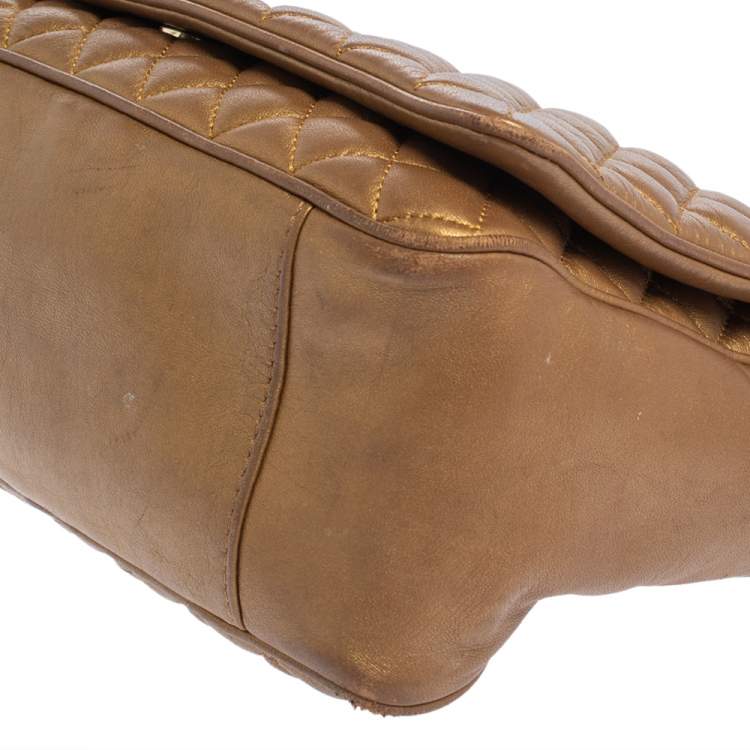 Pre Owned Carolina Herrera Gold Quilted Leather Flap Chain Shoulder Bag