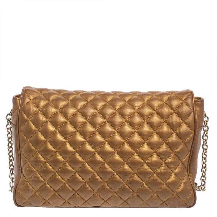 Pre Owned Carolina Herrera Gold Quilted Leather Flap Chain Shoulder Bag