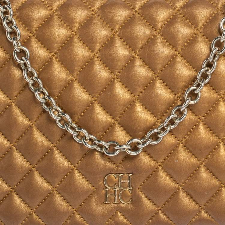 Pre Owned Carolina Herrera Gold Quilted Leather Flap Chain Shoulder Bag
