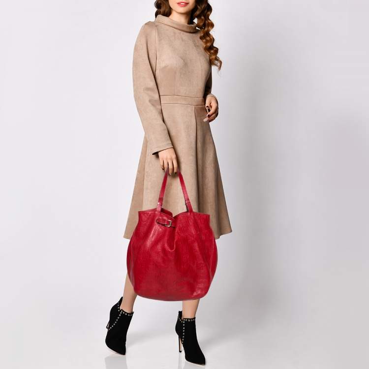 Pre Owned Carolina Herrera Red Monogram Leather Matryoshka Tote