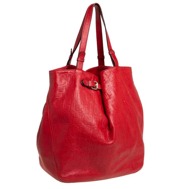 Pre Owned Carolina Herrera Red Monogram Leather Matryoshka Tote