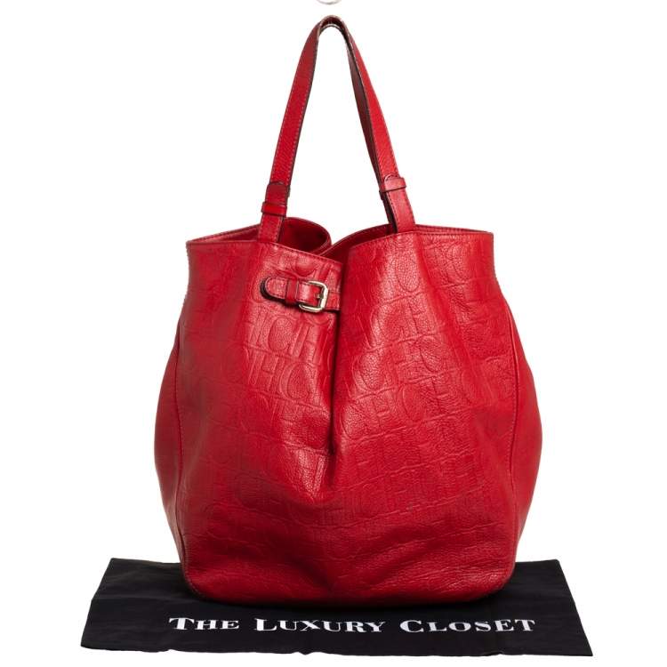 Pre Owned Carolina Herrera Red Monogram Leather Matryoshka Tote