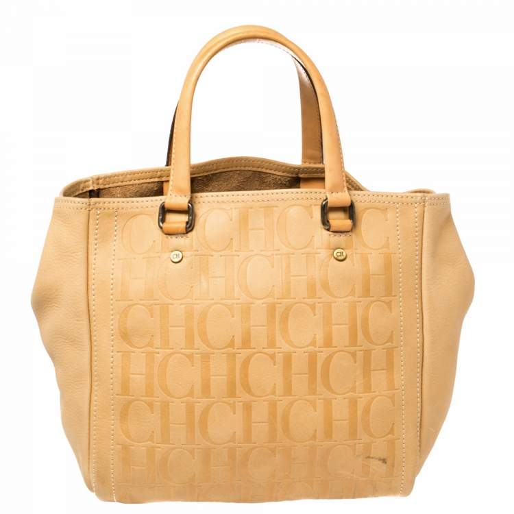 Pre Owned Carolina Herrera Beige Monogram Leather Andy Tote