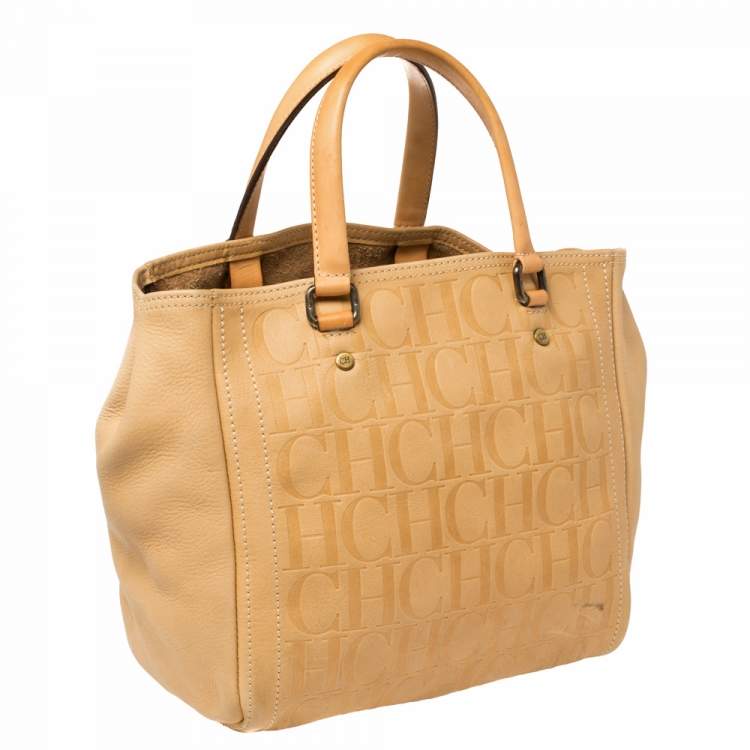 Pre Owned Carolina Herrera Beige Monogram Leather Andy Tote