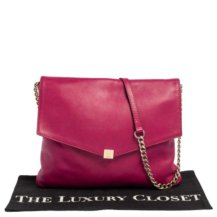 Pre Owned Carolina Herrera Magenta Leather Envelope Flap Shoulder Bag
