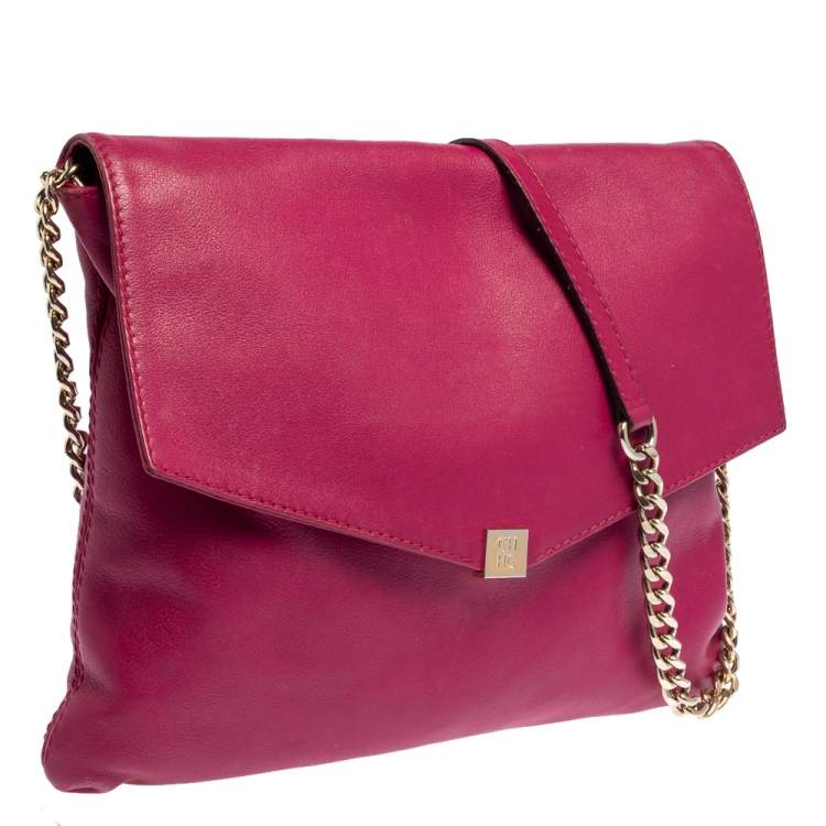 Pre Owned Carolina Herrera Magenta Leather Envelope Flap Shoulder Bag
