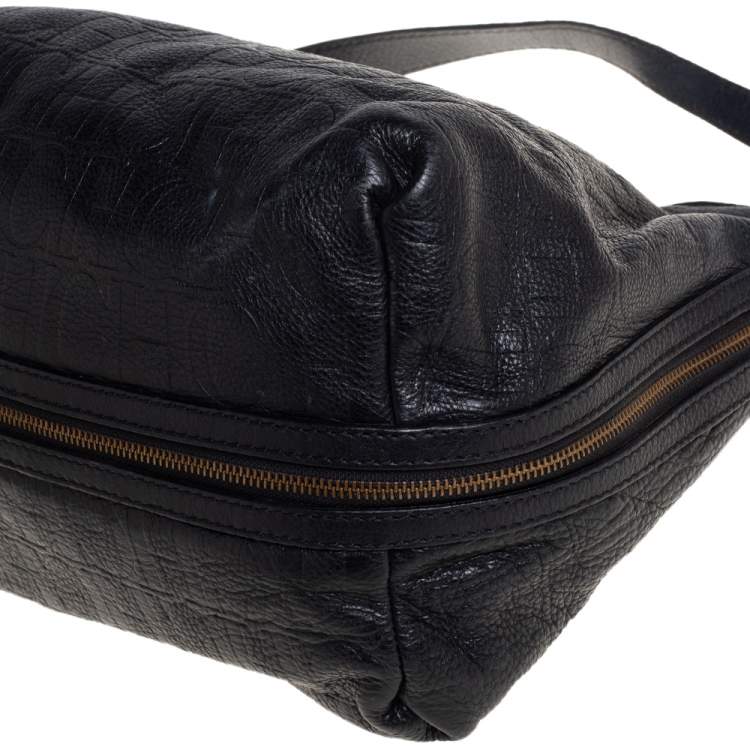 Pre Owned Carolina Herrera Black Monogram Embossed Leather Expandable Hobo