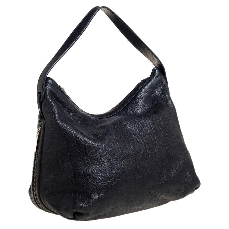 Pre Owned Carolina Herrera Black Monogram Embossed Leather Expandable Hobo