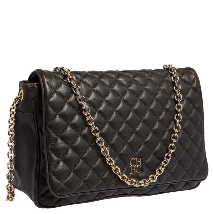Pre Owned Carolina Herrera Deep Green Quilted Leather Flap Chain Shoulder Bag