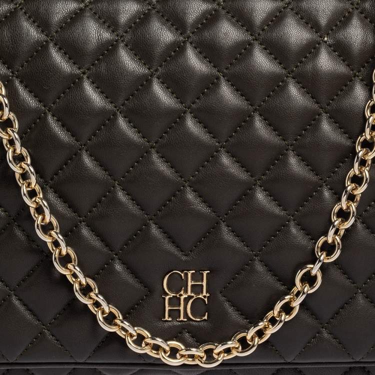 Pre Owned Carolina Herrera Deep Green Quilted Leather Flap Chain Shoulder Bag