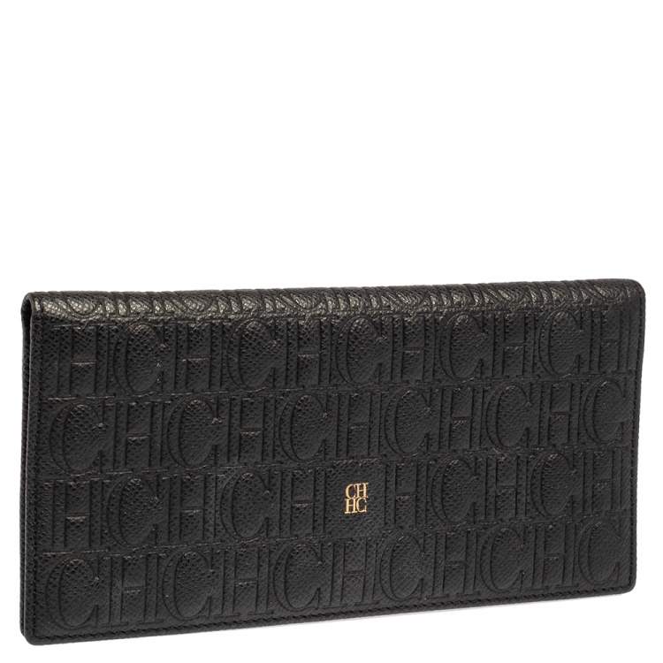 Pre Owned Carolina Herrera Black Monogram Embossed Leather Bifold Long Wallet